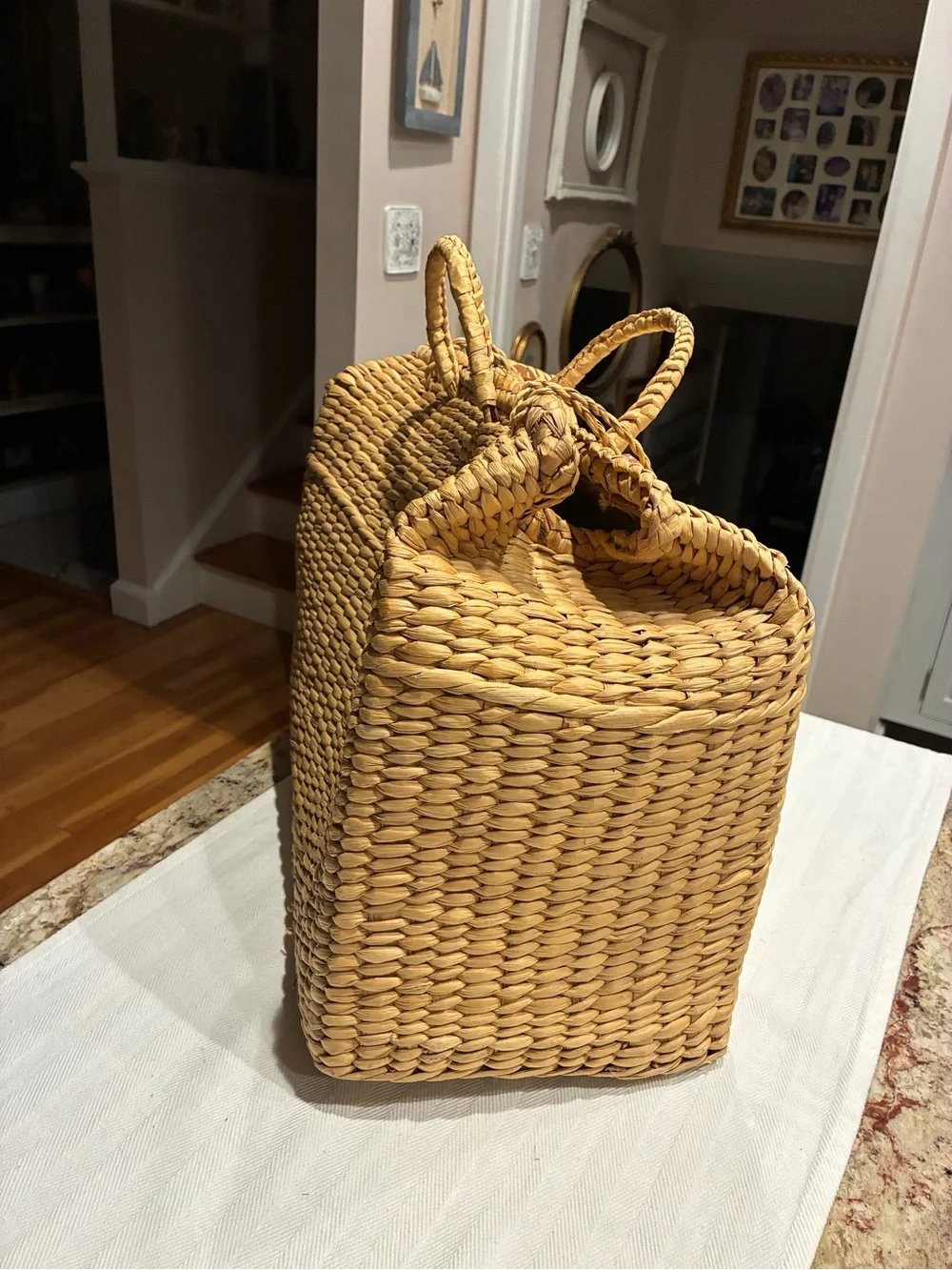 Vintage natural water hyacinth and reed structured picnic basket